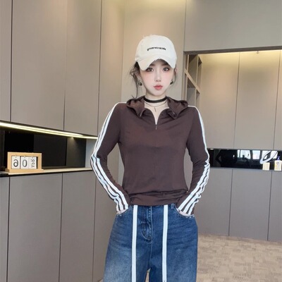 纯色侧条纹长袖小衫女2025新款