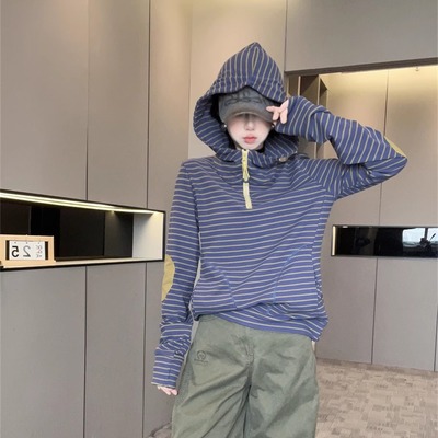 条纹半拉链连帽衫女2025新款