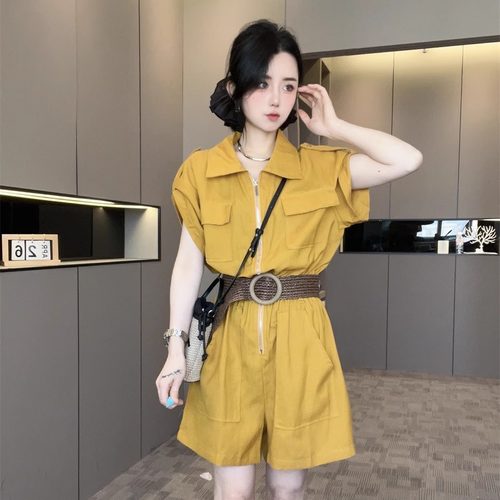 工装风麻料连体裤短裤2025新款