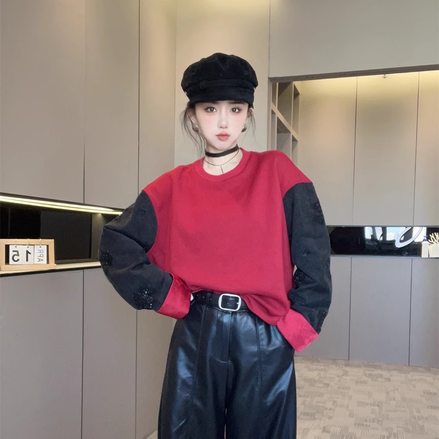 撞色卫衣女2025新款秋季牛仔拼接