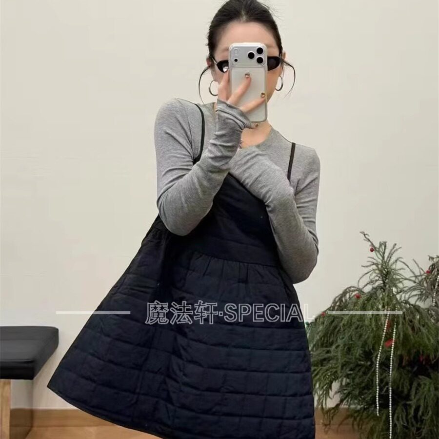 欧洲站减龄冬季格子吊带裙三件套