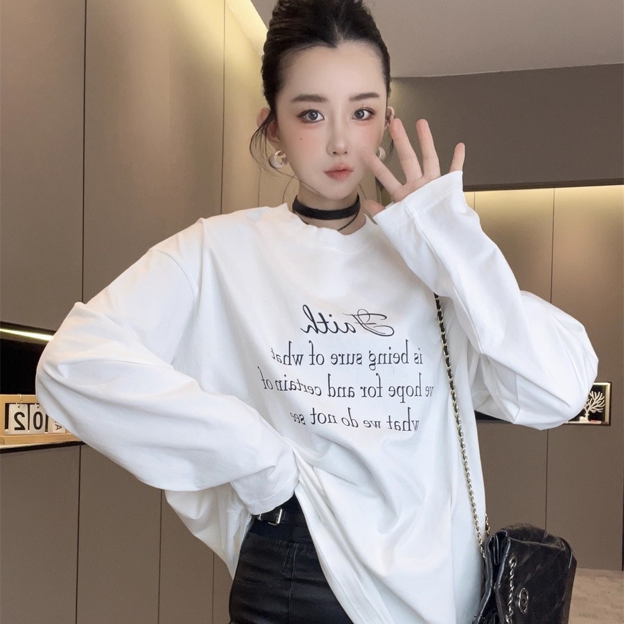 字母印花长袖T恤女2025新款冬圆领中长款打底衫小衫欧货百搭上衣