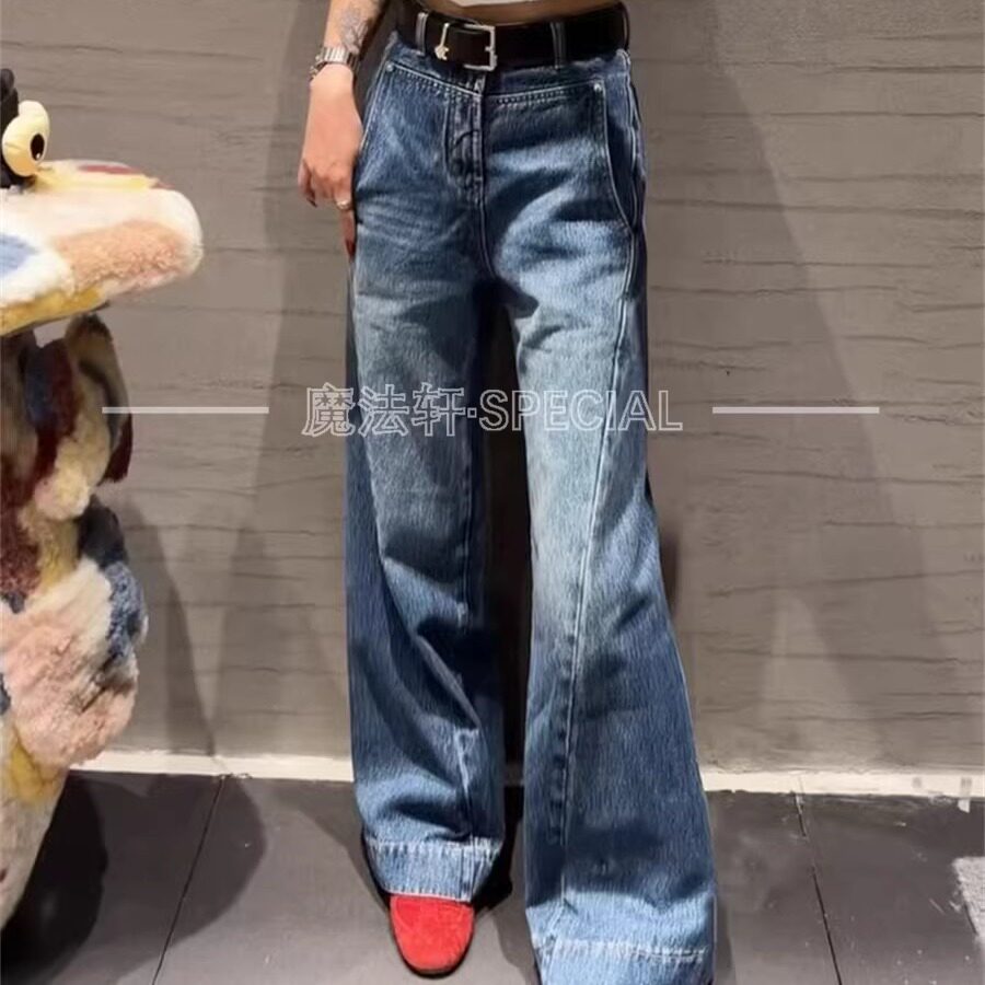 冬季复古高腰阔腿显瘦牛仔裤女