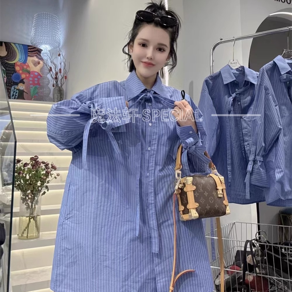 条纹衬衫女长袖2025春季新款翻领蝴蝶结中长款宽松上衣欧洲站潮q