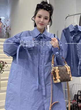 【现货】条纹衬衫女长袖2025新款翻领蝴蝶结中长款宽松欧货上衣q