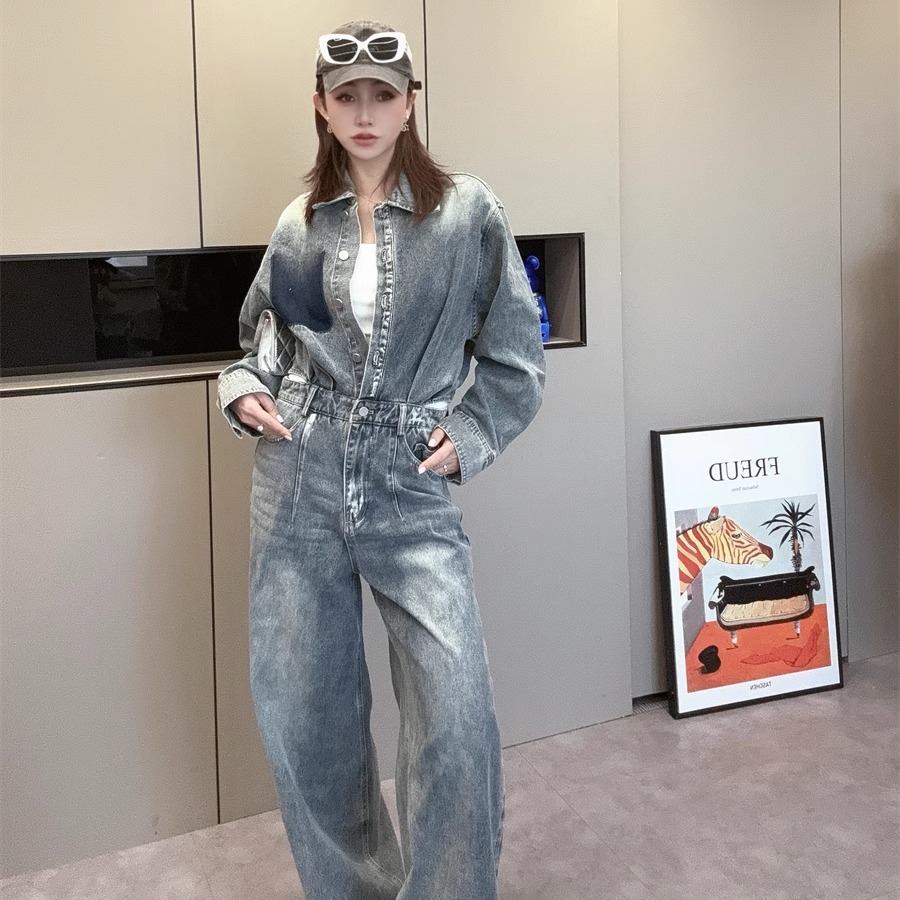 水洗牛仔连体裤女2025早春新款翻领长袖阔腿裤长裤洋气裤子欧货潮