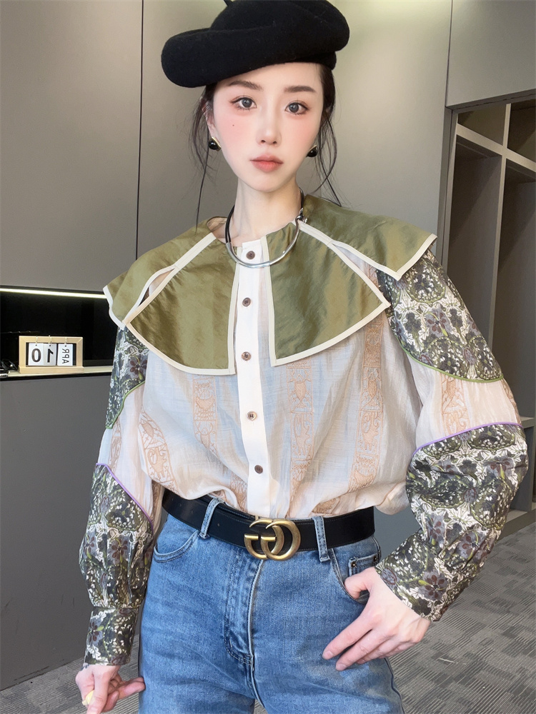 【现货】复古刺绣字母碎花衬衫女2025春秋新款披肩领单排扣圆领潮