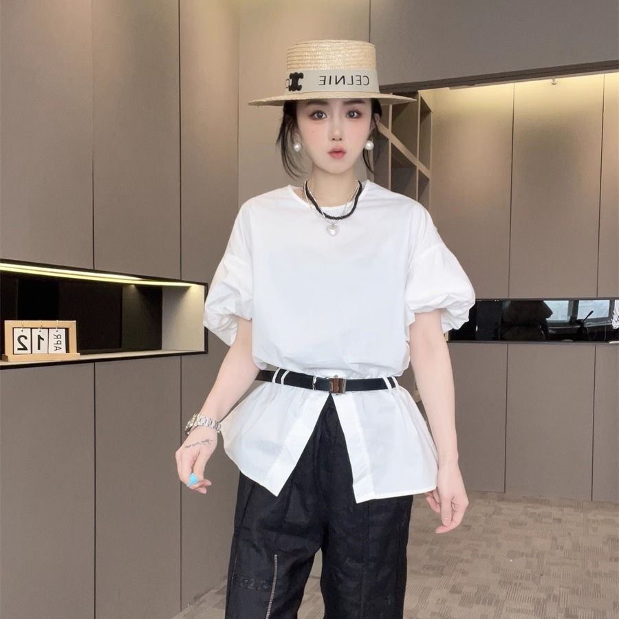 灯笼袖短袖衬衫女2025夏新款圆领套头衬衣腰带前开叉上衣欧洲站潮