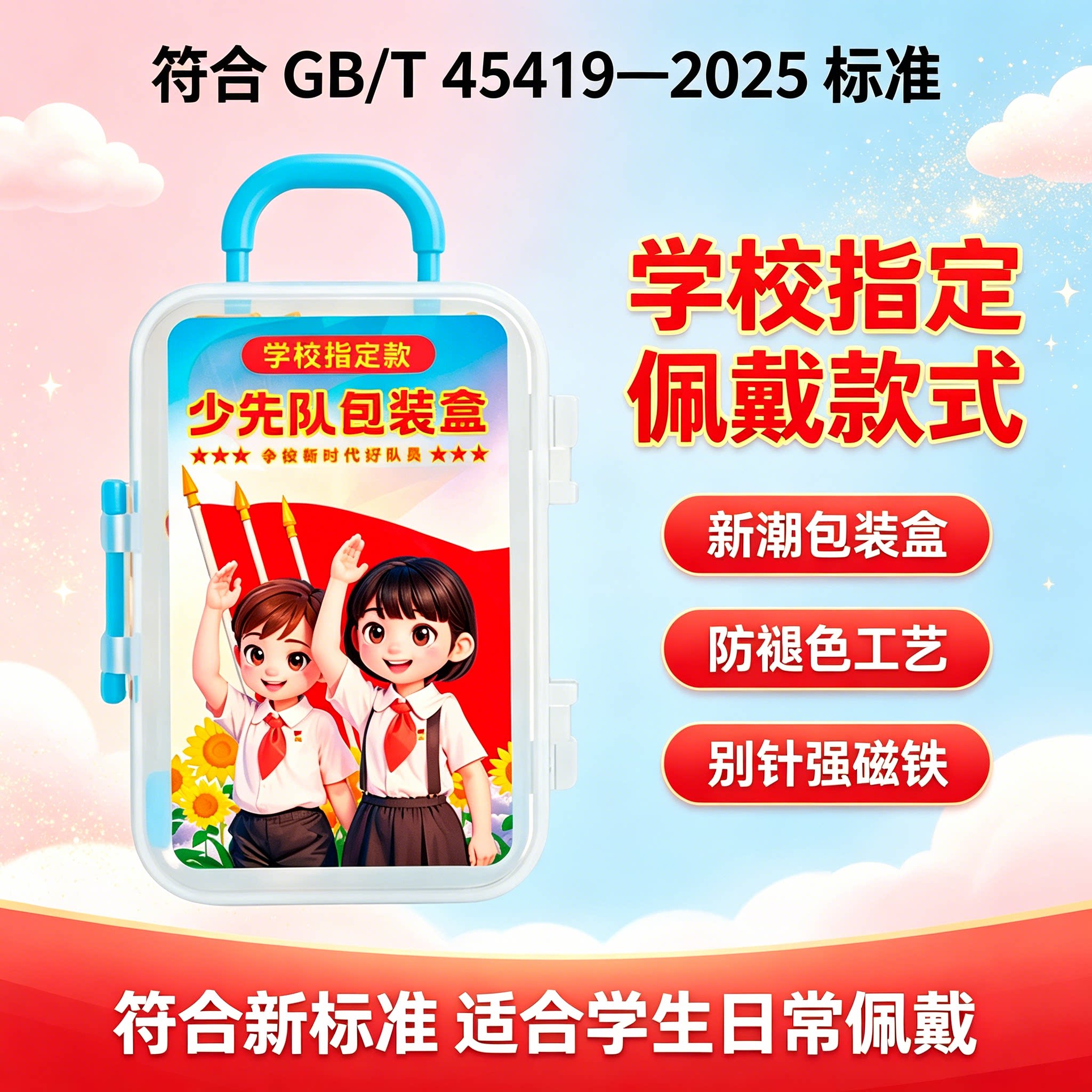 魔术贴不掉色校徽二道杠红领巾少先队员徽章队徽小学生指定第四代安全别针磁吸式强磁铁布贴中国标准款