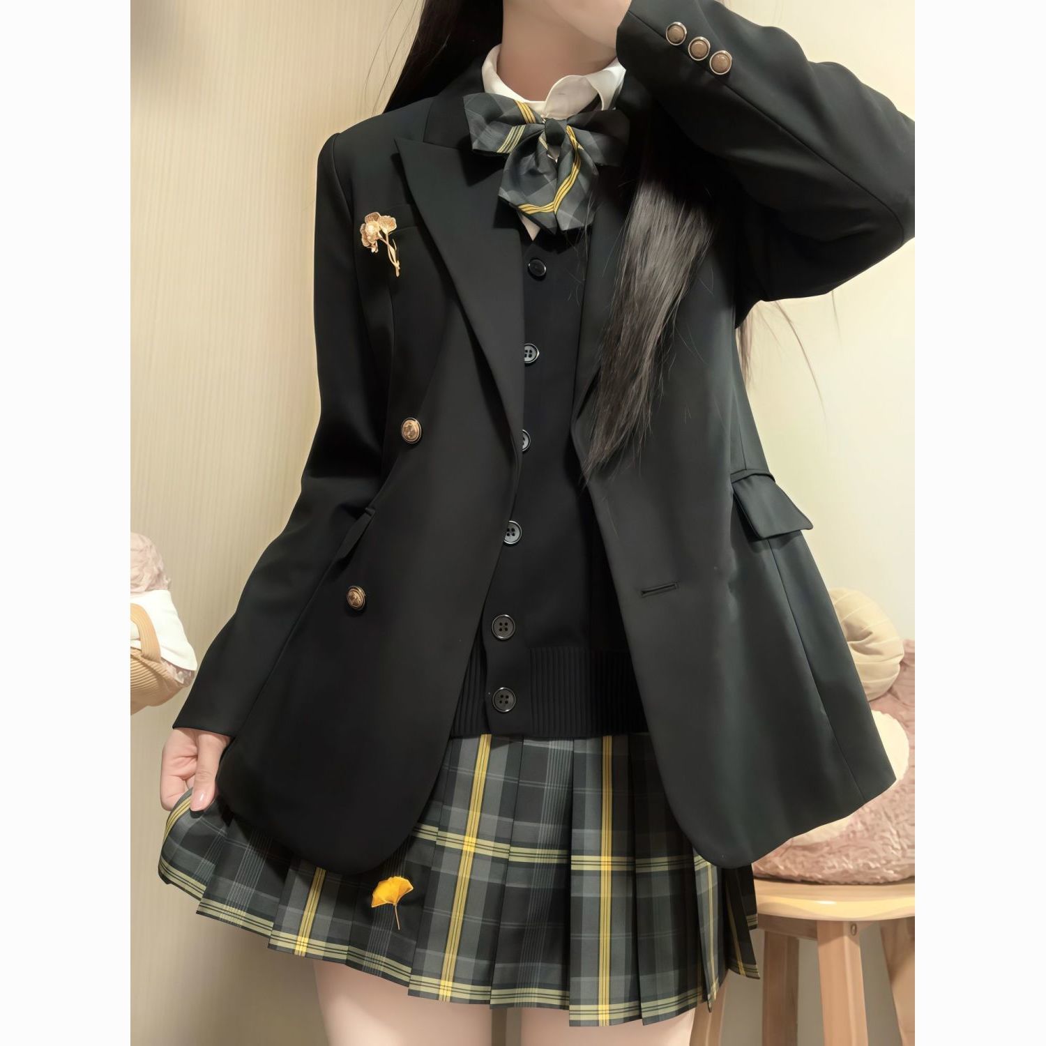 柚子木jk制服原创格裙学院风女百褶裙短裙显白色秋冬叠穿套装