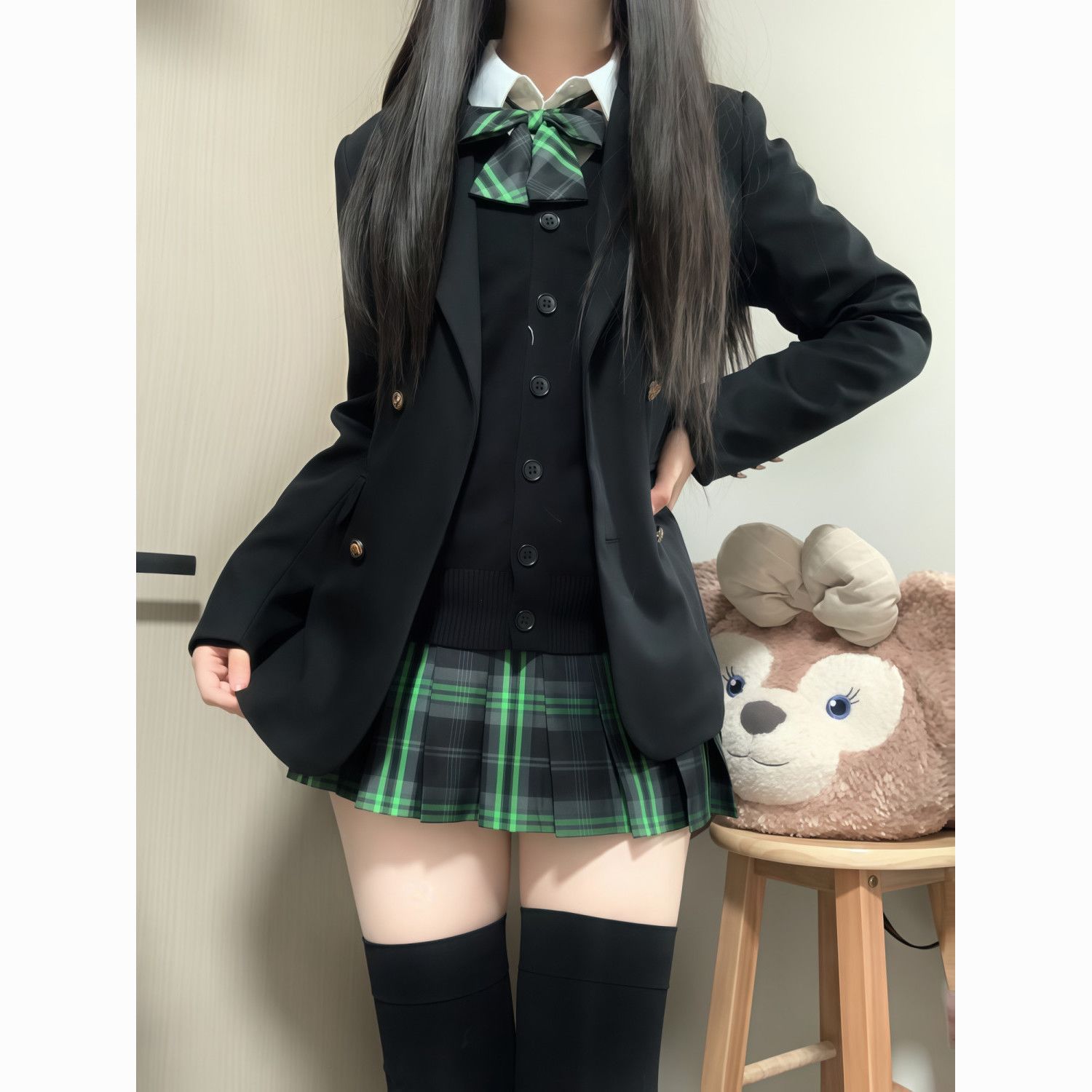 柚子木jk制服原创正版格裙学女百褶裙短裙显白色秋冬叠穿墨竹套装