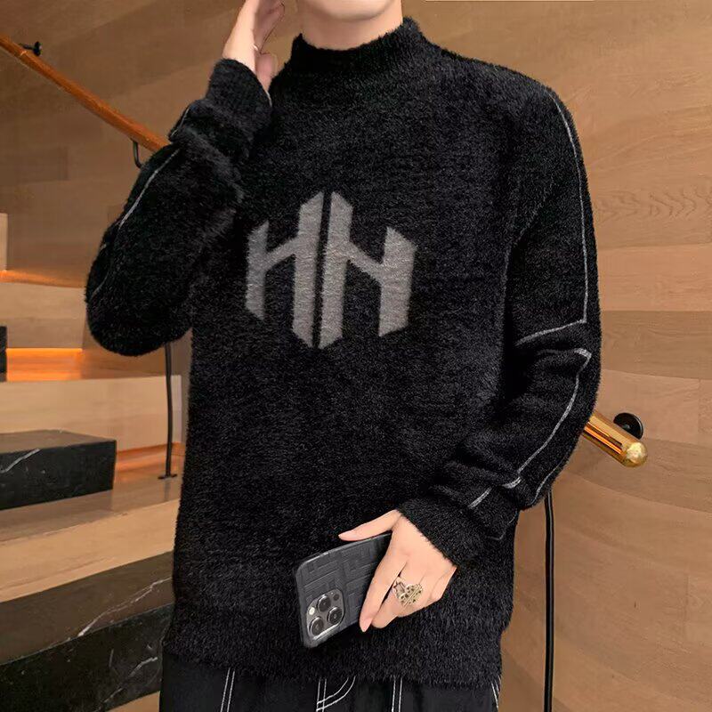 水貂绒毛衣男士半高领打底衫加绒加厚青少年保暖羊毛衫秋冬季线衣