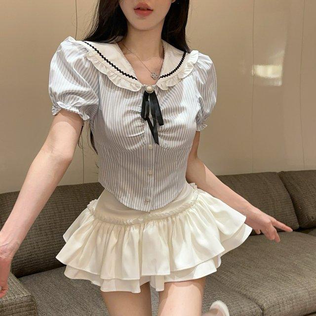 学院风制服辣妹jk时尚套装纯欲条纹短袖衬衫高腰蓬蓬半身蛋糕裙女