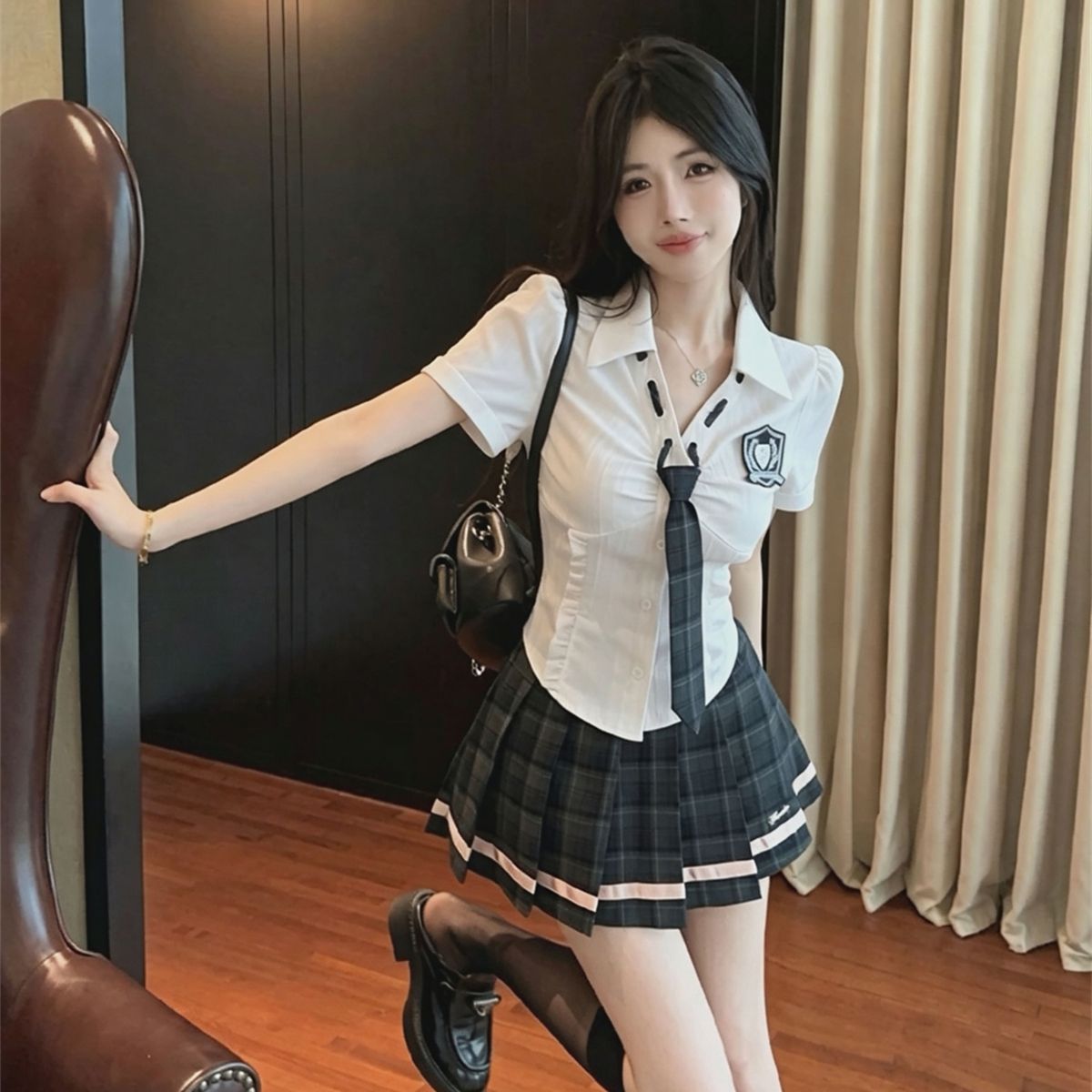 学院风jk时尚套装新款制服辣妹修身纯欲短袖领带衬衫格子百褶裙女