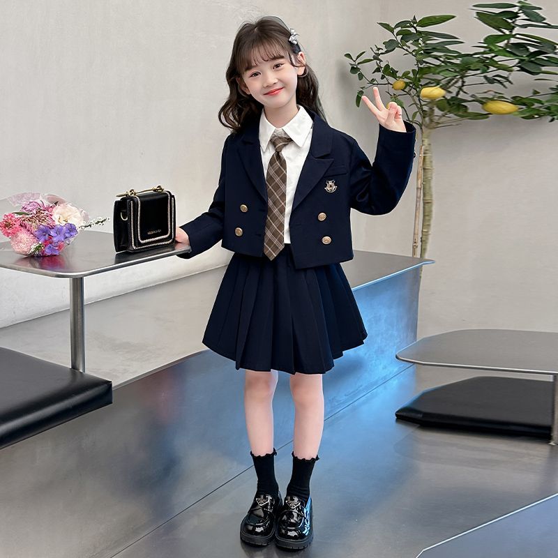女童秋装2026新款洋气时髦韩版大童套装儿童春秋学院风jk制服套裙
