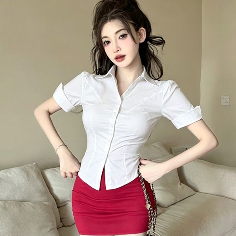 收腰黑衬衫女职业工作服套装夏修身性感短袖衬衣包臀裙时尚套装女