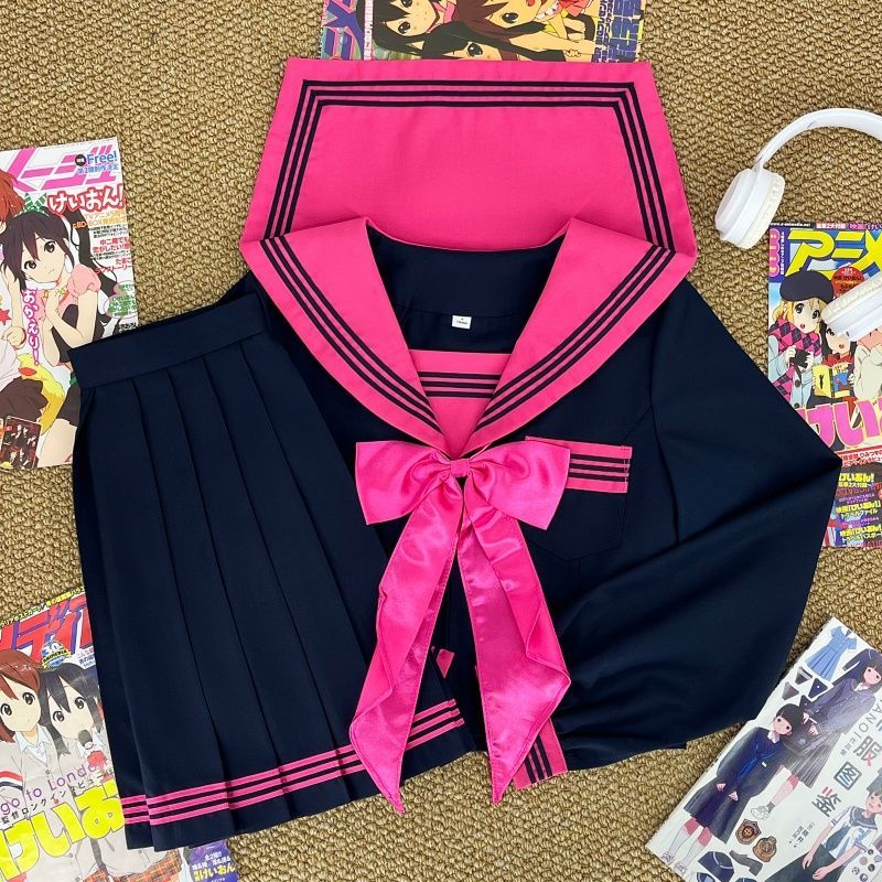 兔言舍原创原宿风玫红三本水手服日系学院风甜酷少女JK制服中间服