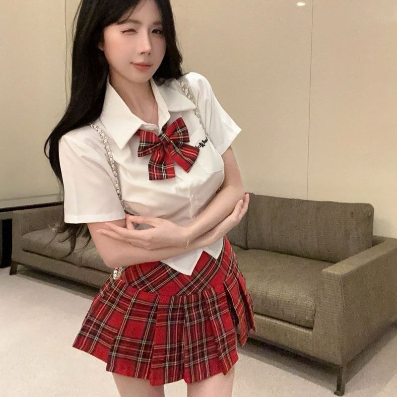 辣妹纯欲jk制服白衬衫上衣收腰短袖衬衫学院百褶裙短裙套装格子女
