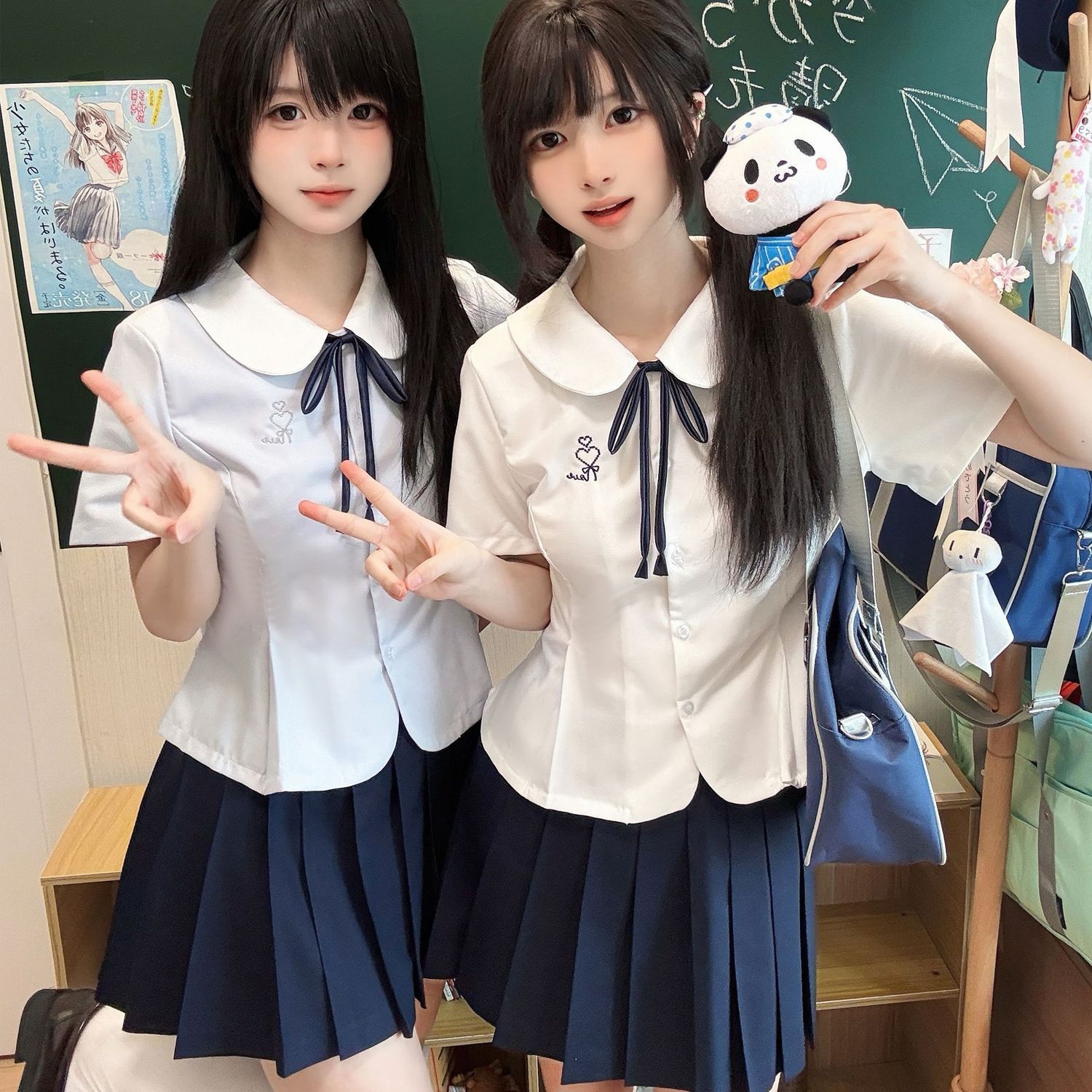 月璃初/小狐町jk短袖衬衫圆领jk制服套装收腰修身衬衫蓝刺绣款夏