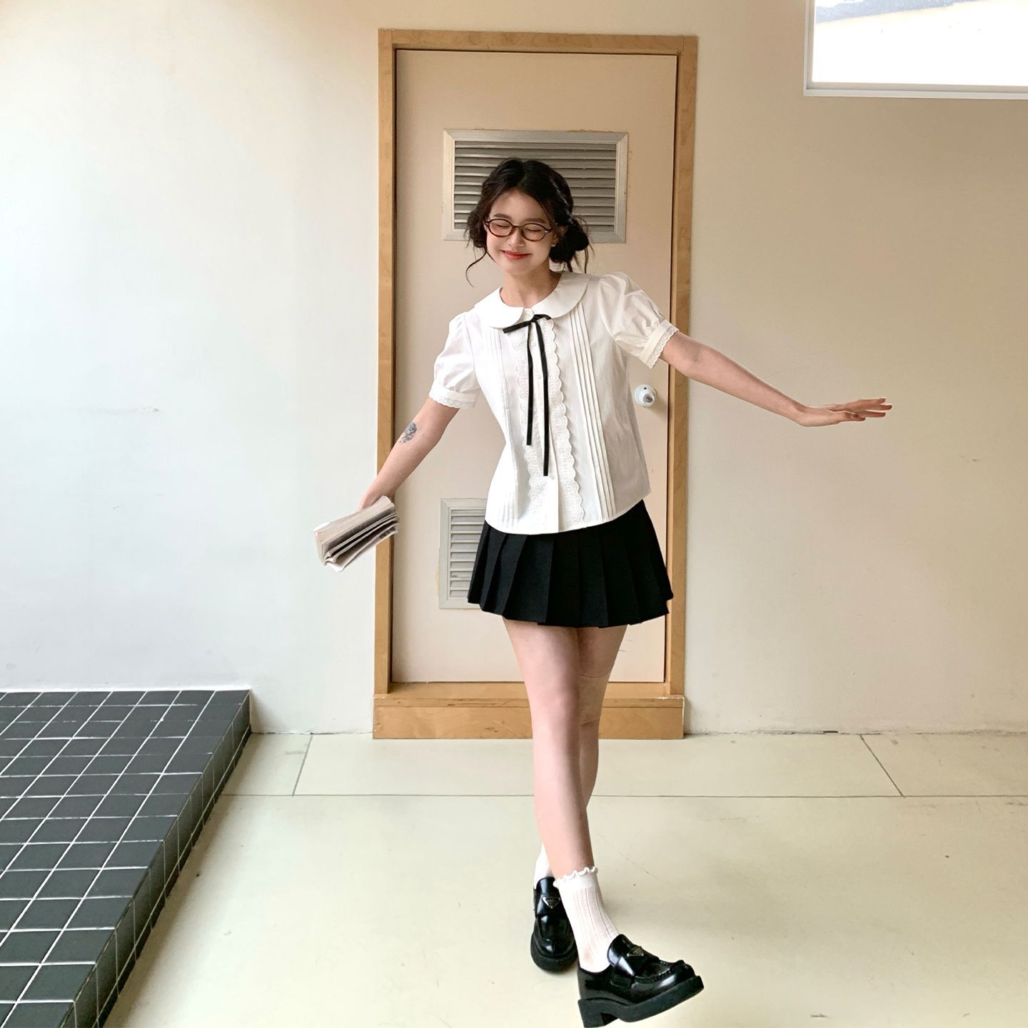 校供可爱日系娃娃领短袖白衬衫少女甜美花边上衣套装东京岁时记jk