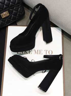 2026新款黑色绒面一字扣厚底玛丽珍鞋女粗跟防水台高跟鞋单鞋女鞋