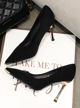 御姐高级感职业2026高跟鞋女黑色细跟气质名媛绒面浅口不累脚单鞋