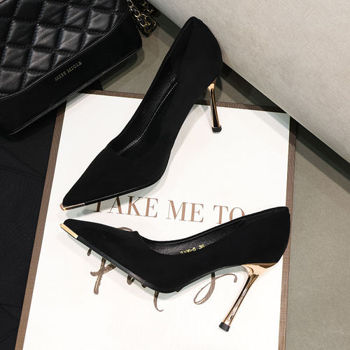 尖头韩版金属踢头细跟高跟鞋