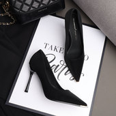 女2025春季 爆款 浅口尖头单鞋 黑色高跟鞋 女细跟气质名媛通勤工作鞋