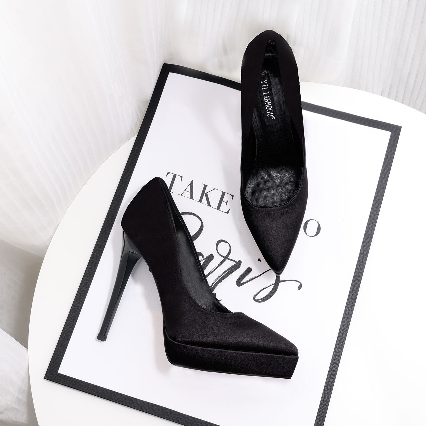 欧美黑色绸缎尖头单鞋女12厘米超高跟防水台细跟显瘦性感时尚女鞋