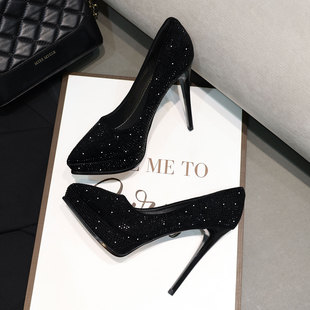 女鞋 宴会女单鞋 2025新款 防水台黑色性感水钻水晶尖头细跟超高跟鞋
