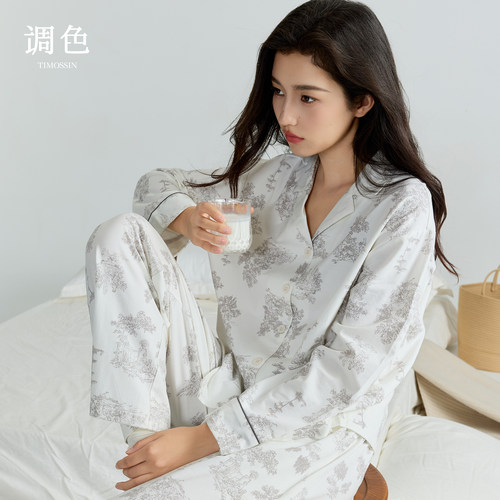 调色女士睡衣女款2025新款大朵棉长袖家居服秋季长袖法式高级感