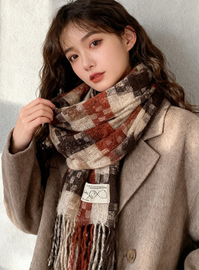 韩版流苏格纹围巾女2025年冬季新款氛围感加厚保暖百搭情侣围脖潮