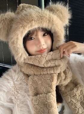 2025新款冬季小熊帽子女孩防风围巾手套加绒骑车保暖神器一体防寒