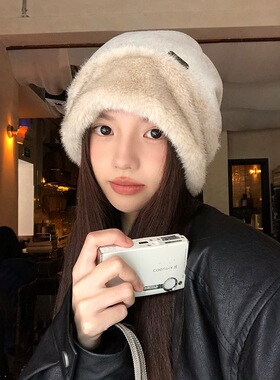 韩系毛绒堆堆帽2025新款大头围防寒针织帽子女冬保暖护耳包头冷帽