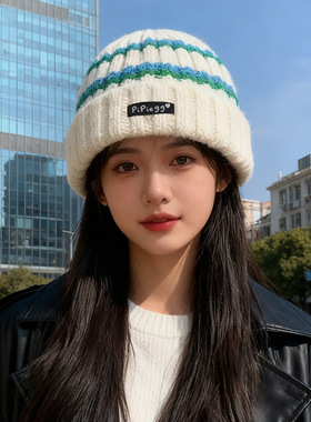 条纹针织帽子女秋冬新款保暖毛线帽护耳大头围冷帽防寒包头帽男潮