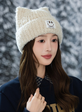 韩版冬季帽子女款猫耳朵可爱毛线帽大头围显脸小包头帽保暖针织帽
