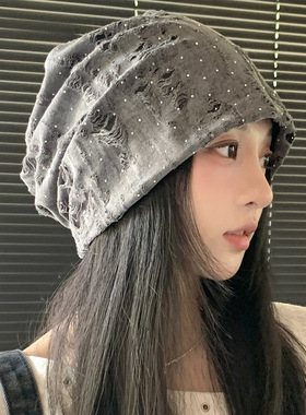 新款美式复古破洞堆堆帽子女秋冬季宽松大头围百搭包头显脸小冷帽