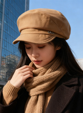 帽子女秋冬新款云朵八角帽大版显脸小贝雷帽复古文艺日系前进帽男