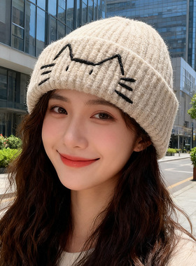 日系可爱毛线帽子女秋冬保暖护耳针织帽休闲百搭显脸小包头冷帽