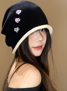 2025新款慵懒风爱心纽扣卷边包头帽子春秋女冷帽百搭显脸小堆堆帽