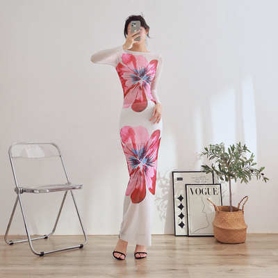 夏季新款透视网纱长袖连衣裙印花防晒透气修身加长款性感欧美风女