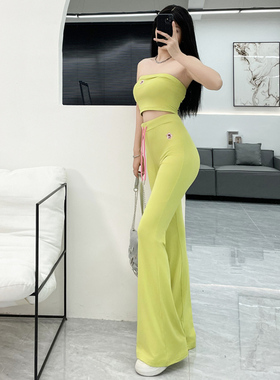 抹胸高腰喇叭裤两件套高弹力大码薄款刺绣花绿色包臀微喇裤洋气