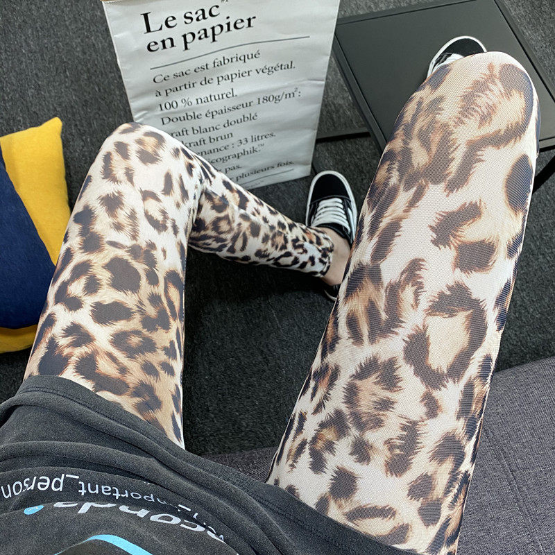 夏季迷彩豹纹印花网纱打底裤防晒紧身弹力九分裤女纱裤防勾丝