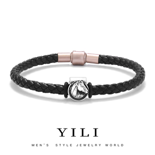 纯银男士幸运马蹄铁手绳男足银 马年本命年转运珠手串送男友礼物