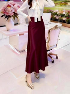 现货速发醋酸半裙新款斜裁设计有弹力松紧腰春秋高端长款A字半裙