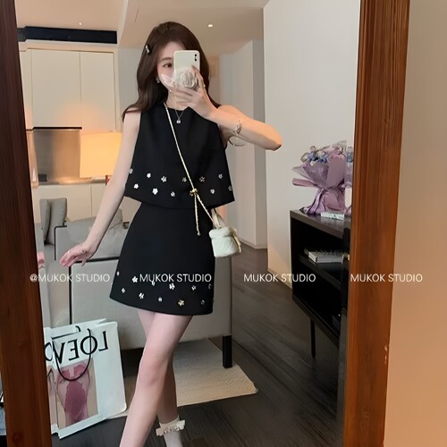 夏季新款韩版重工花朵亮片背心上衣+A字淑女短裙西装套装女