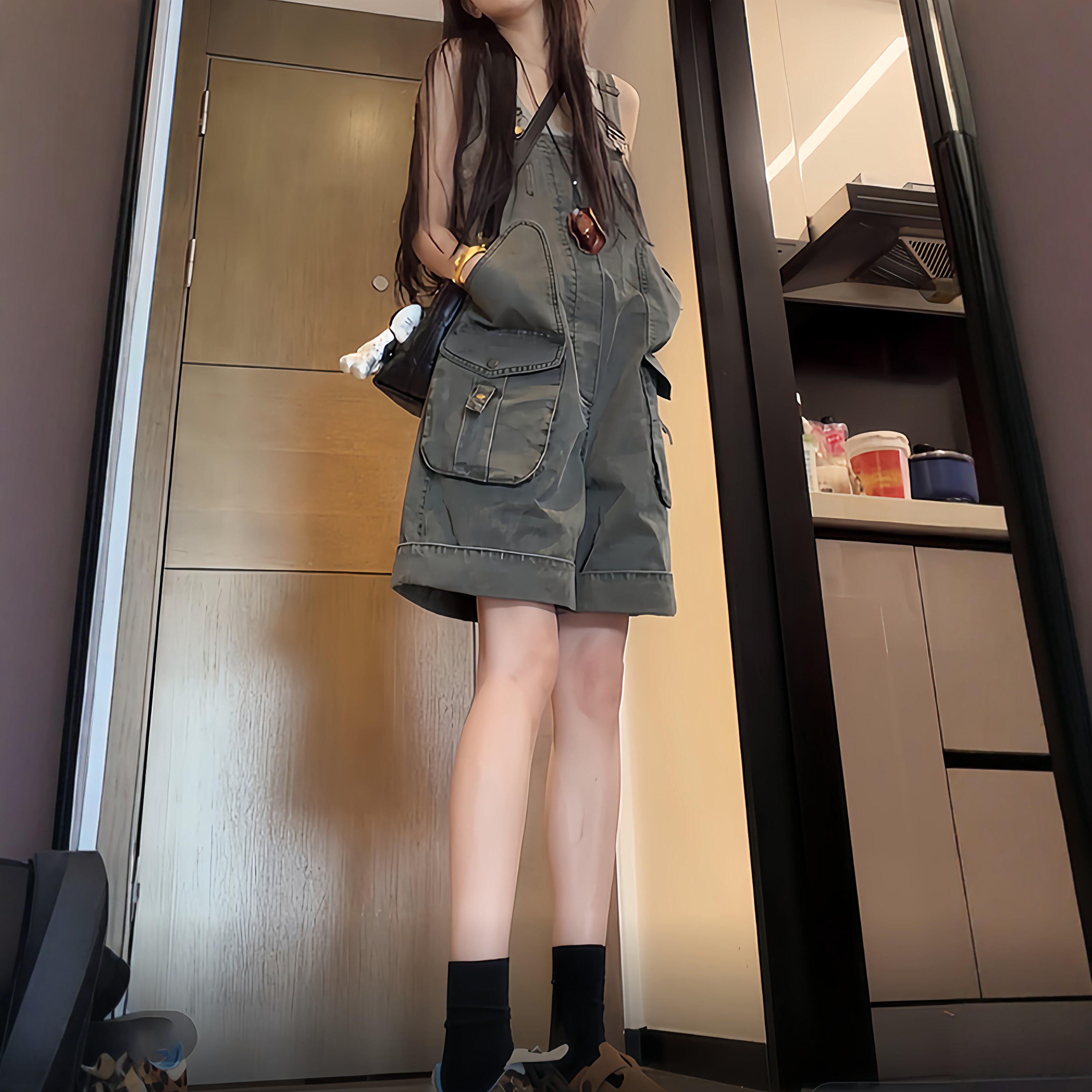 美式辣妹复古宽松工装背带裤女