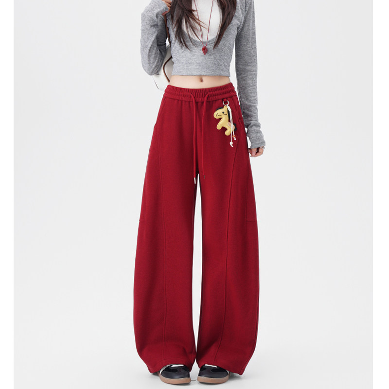 韩系弯刀镰刀裤直筒阔腿裤2026春夏新款红色卫裤宽松运动休闲裤女,女装/女士精品,卫裤,淘宝优惠券,粉丝福利购,淘宝优惠卷