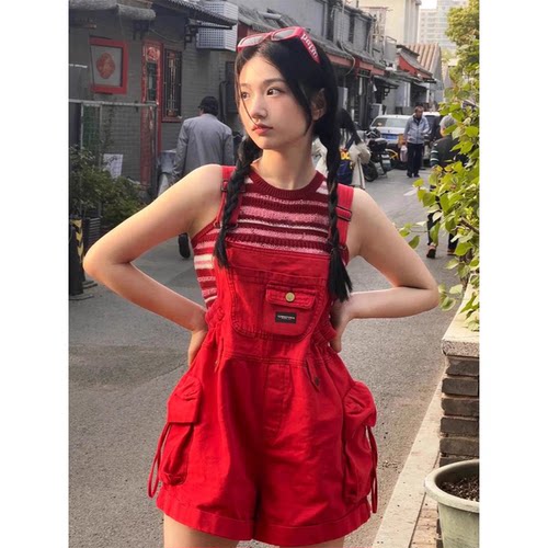送运费险多巴胺工装红色背带裤女
