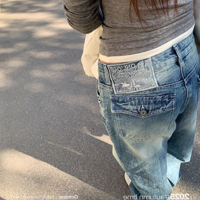 低腰水洗宽松直筒美式复古牛仔裤